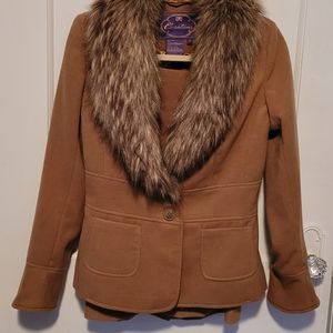 CURATIONS WOMENS FAUX FUR CAMEL JACKET & PENCIL SKIRT SUIT - SIZE S(4-6)
